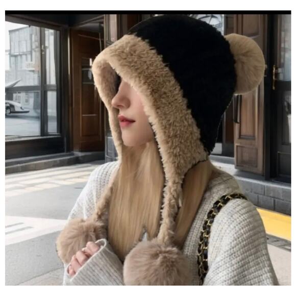 Cozy Colorblock Plush Knit Beanie Hat with Ear Flaps Tassel Brown/Beige - Picture 4 of 4